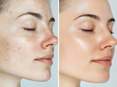 Girl's face before and after deep facial cleansing procedure. Acne, skincare and cosmetic treatment concept. Close-up collage portrait for poster, commercial, presentation